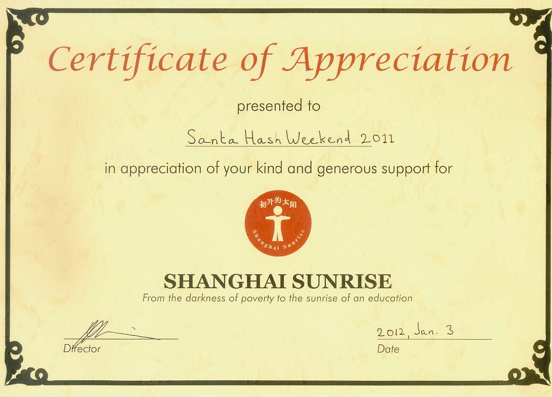 Shanghai Sunrise Certificate of Appreciation